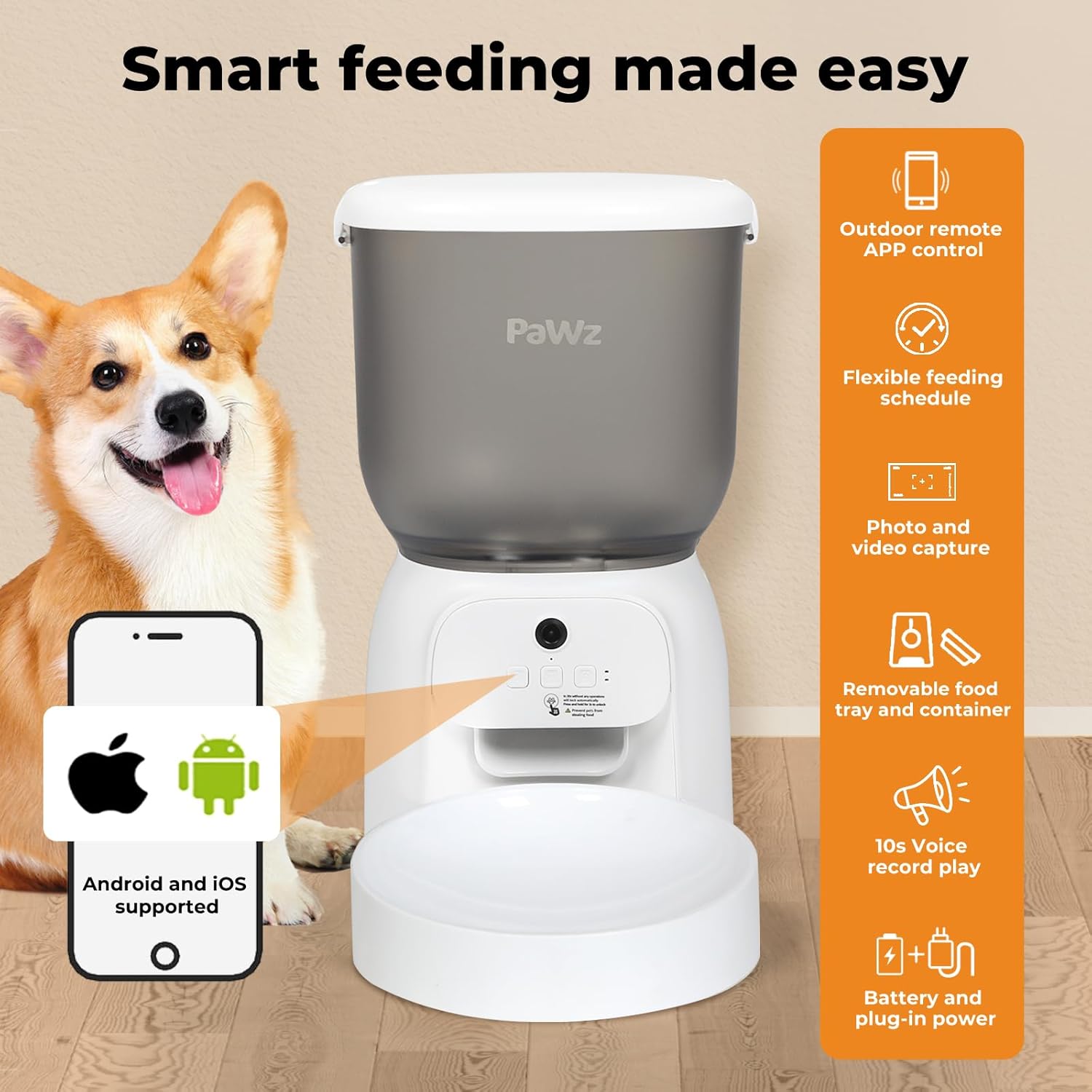 A smart pet feeder shown on a beige background with a corgi dog on the left and feature callouts on the right. The feeder is white and gray with the brand name 'PaWz' visible on the upper container at Pet Servo