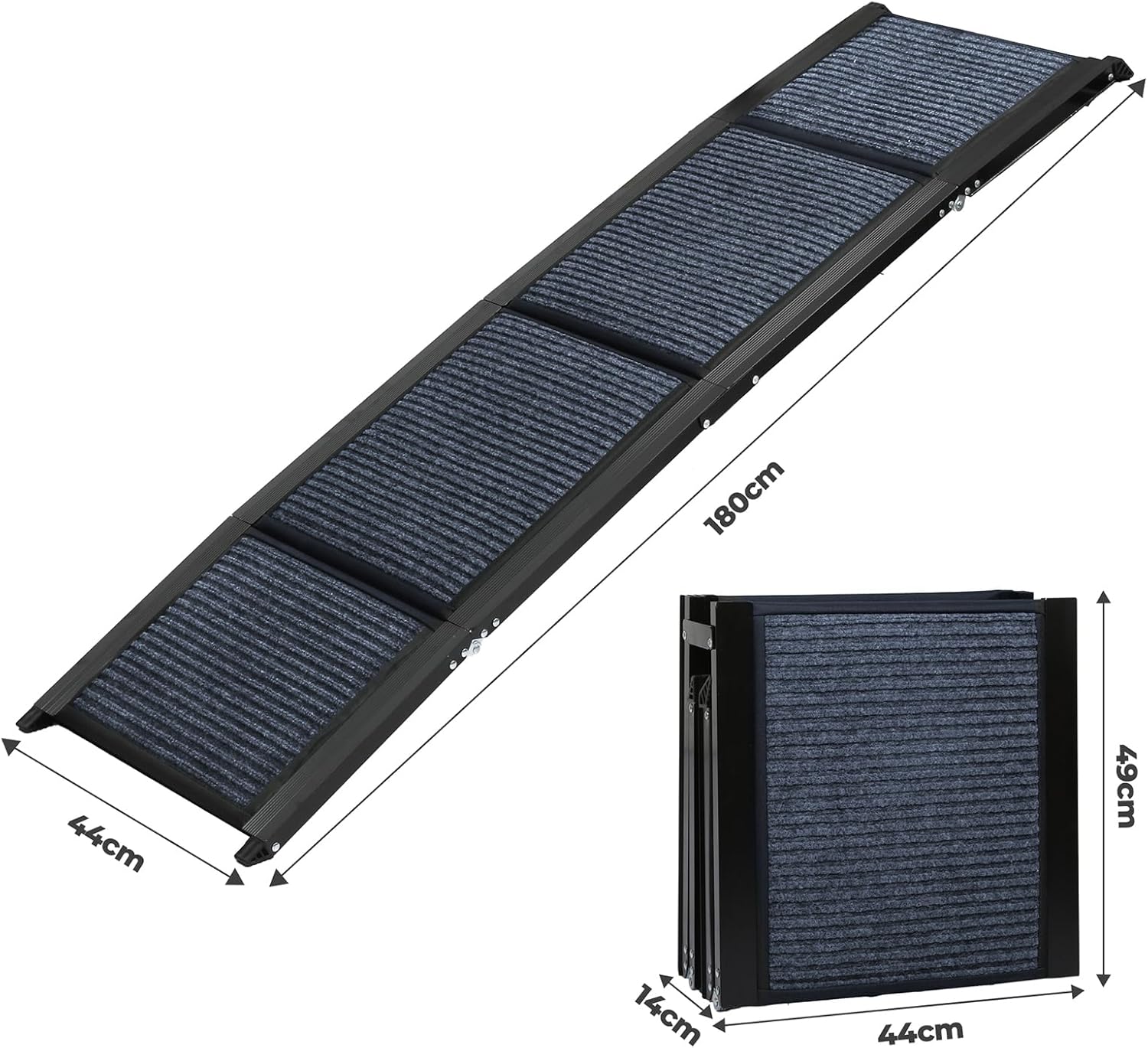 Foldable solar-powered pet ramp with dimension annotations showing unfolded length of 180cm, width of 44cm, and folded height of 43cm on a white background at Pet Servo