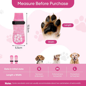 Measurement chart for pink pet socks with paw size chart and dog illustrations on a pink background at Pet Servo