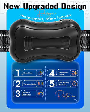 Black electronic device shaped like a bone on a blue background with text about new upgraded design at Pet Servo