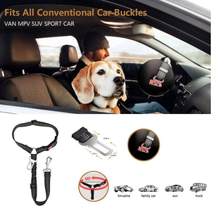 Dog car seat belt with car buckles and a dog in a car, suitable for various vehicle types at Pet Servo