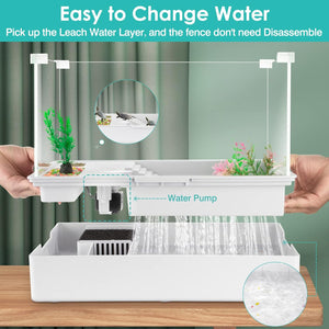 Small aquarium setup with water pump and leach water layer on a wooden surface at Pet Servo