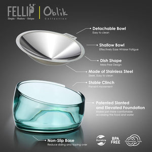 Felli Oblik pet bowl with features highlighted on a dark background at Pet Servo