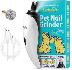 Lucky Tail Pet Nail Grinder with packaging, cable, and additional grinder head on a white background