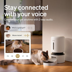 Smart pet feeder with 2-way audio feature displayed on a smartphone screen, showing a cat eating and interacting with the device.
