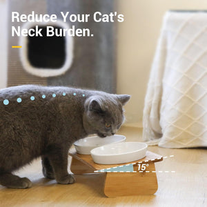 Cat using a raised food bowl with text 'Reduce Your Cat's Neck Burden at Pet Servo