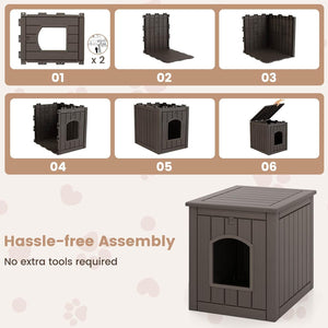 Step-by-step assembly guide for a pet house with final product display at Pet Servo