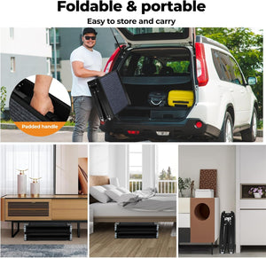 A collage showing a foldable portable suitcase or storage case in use and in different room settings. The top panel shows a man carrying the folded case next to an open white SUV trunk with the text 'Foldable & portable' and 'Easy to store and carry at Pet Servo