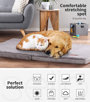 Dog and cat lying on a large pet mat in a home setting with text about comfort and features at Pet Servo