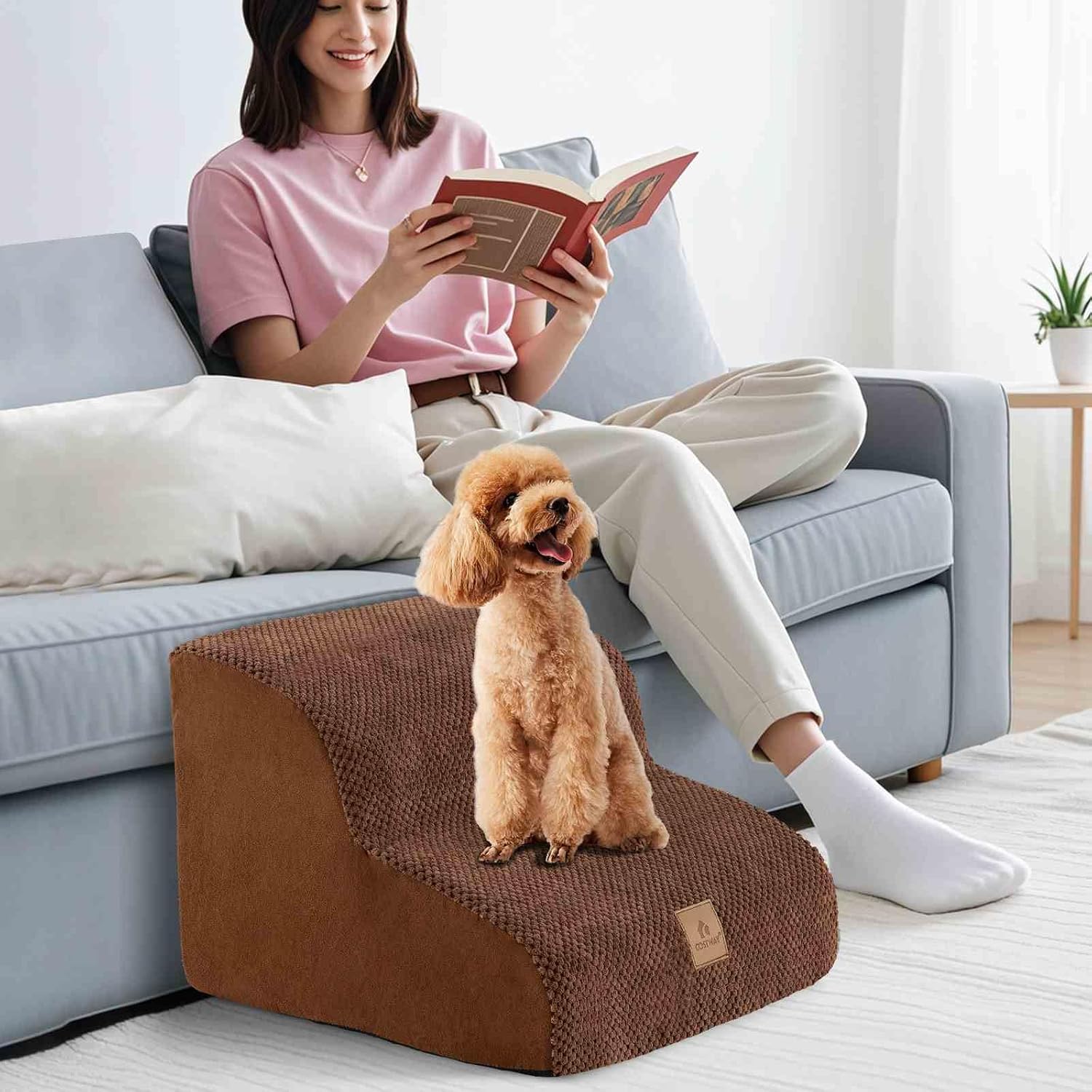 Costway - 2-Tier Dog Stairs Foam Pet Ramp - Brown