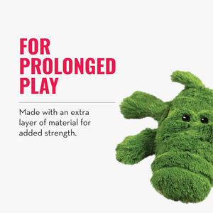 Green plush toy with text about prolonged play and added strength at Pet Servo
