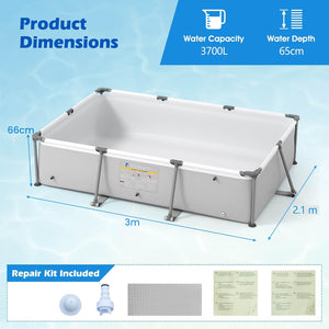 Rectangular outdoor pool with white liner and gray metal frame, shown with dimension labels indicating 3m length, 2.1m width, and 66cm depth, plus a small repair kit inset on a light blue water-themed background.