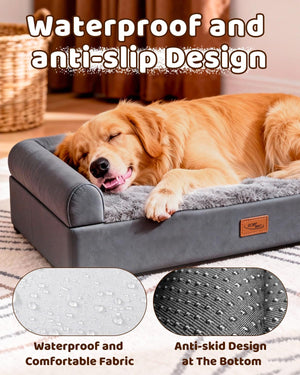 Dog lying on a gray pet bed with waterproof and anti-slip features highlighted.