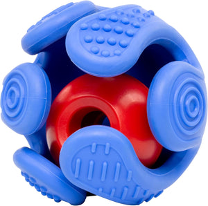 A blue and red textured baby teething ball toy on a solid white background at Pet Servo