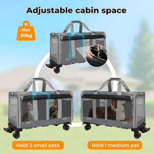 Gray adjustable mesh pet carrier with wheels, shown in three configurations with cats inside and text callouts about cabin space and pet capacity on a soft outdoor background at Pet Servo