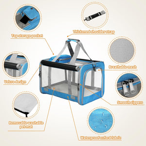 Blue pet carrier with features highlighted on a white background at Pet Servo