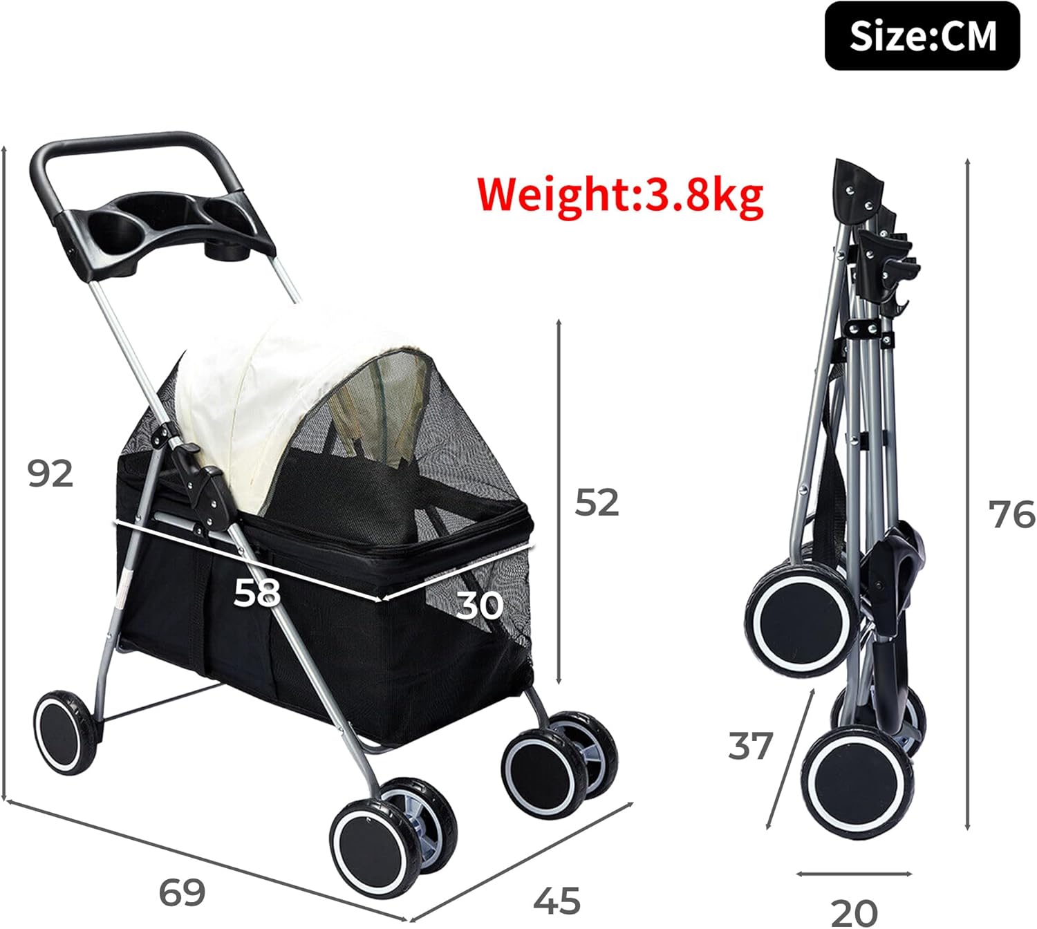 PaWz - Large 4 Wheels Foldable Pet Stroller Dog Cat Travel Carrier with 2 Safety Leash, Black