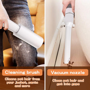 Two images showing a cleaning brush and vacuum nozzle being used on different surfaces at Pet Servo