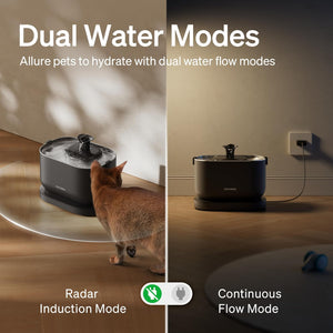 Pet water fountain with dual water flow modes and a cat interacting with it.
