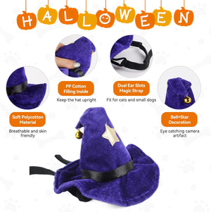 Purple plush witch hat with a black ribbon and gold star decoration, shown on a white background with feature callout circles and an orange Halloween banner header at Pet Servo