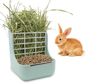 Pet feeder with hay and food next to a rabbit on a white background at Pet Servo