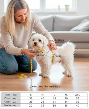 Woman measuring a small white dog with a measuring tape in a living room at Pet Servo