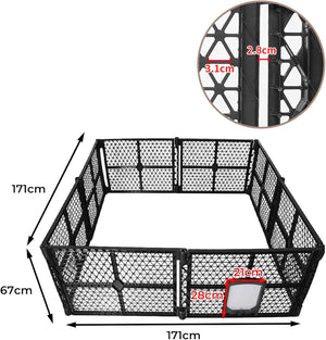 Black plastic mesh playpen enclosure with dimension annotations showing 171cm by 67cm dimensions and a circular inset detail of the gate hardware measurements at Pet Servo