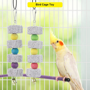 Bird cage toy with colorful beads and a bird perched on it against a green background at Pet Servo