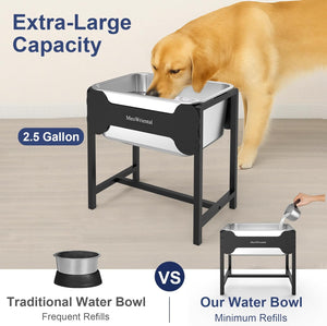 Dog drinking from a large water bowl with text highlighting capacity and features at Pet Servo