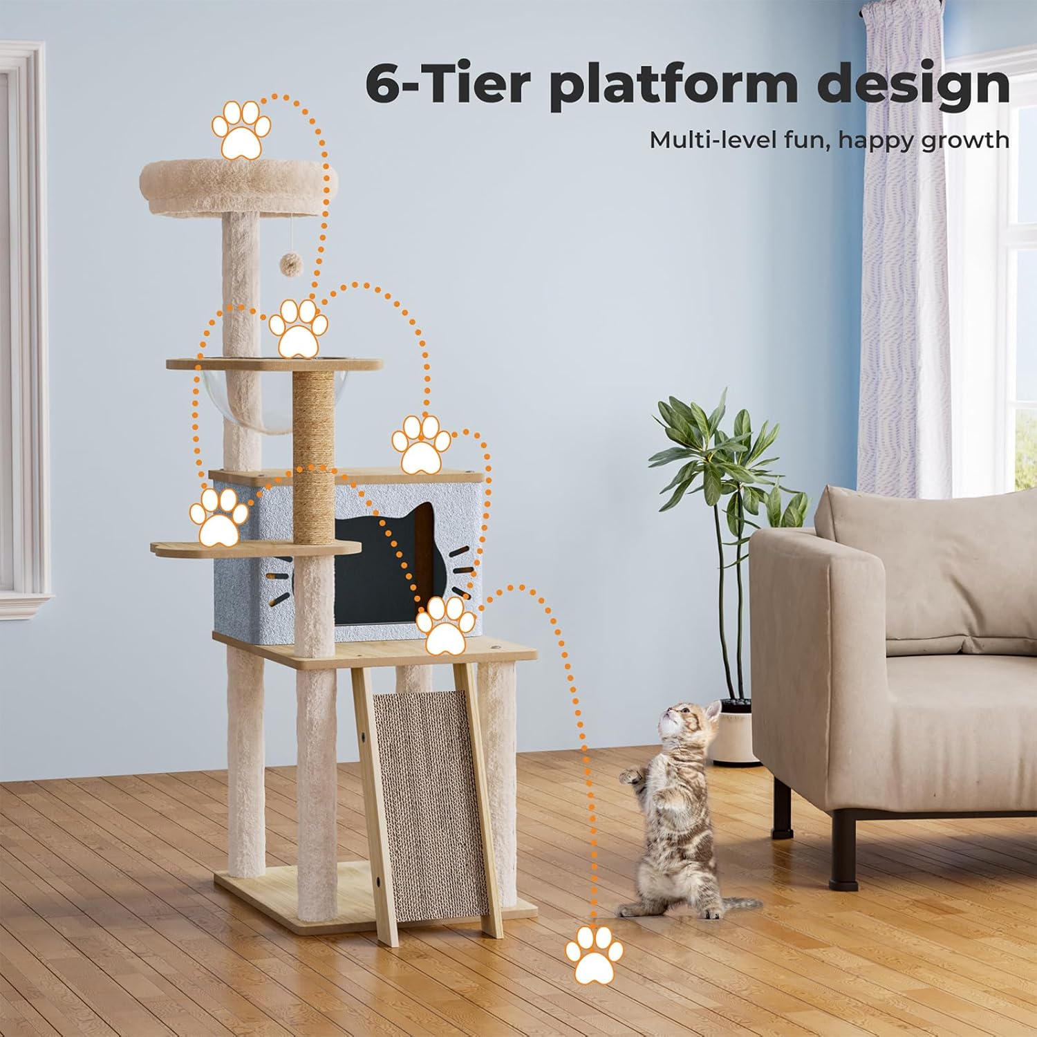 A 6-tier cat tree in a beige and light wood tone is shown in a living room setting next to a sofa and plant, with a cat sitting nearby. The image includes text overlays describing the '6-Tier platform design' and 'Multi-level fun, happy growth,' along with paw-print graphics indicating interactive elements at Pet Servo