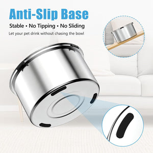 Stainless steel pet bowl with anti-slip base feature on a white background at Pet Servo