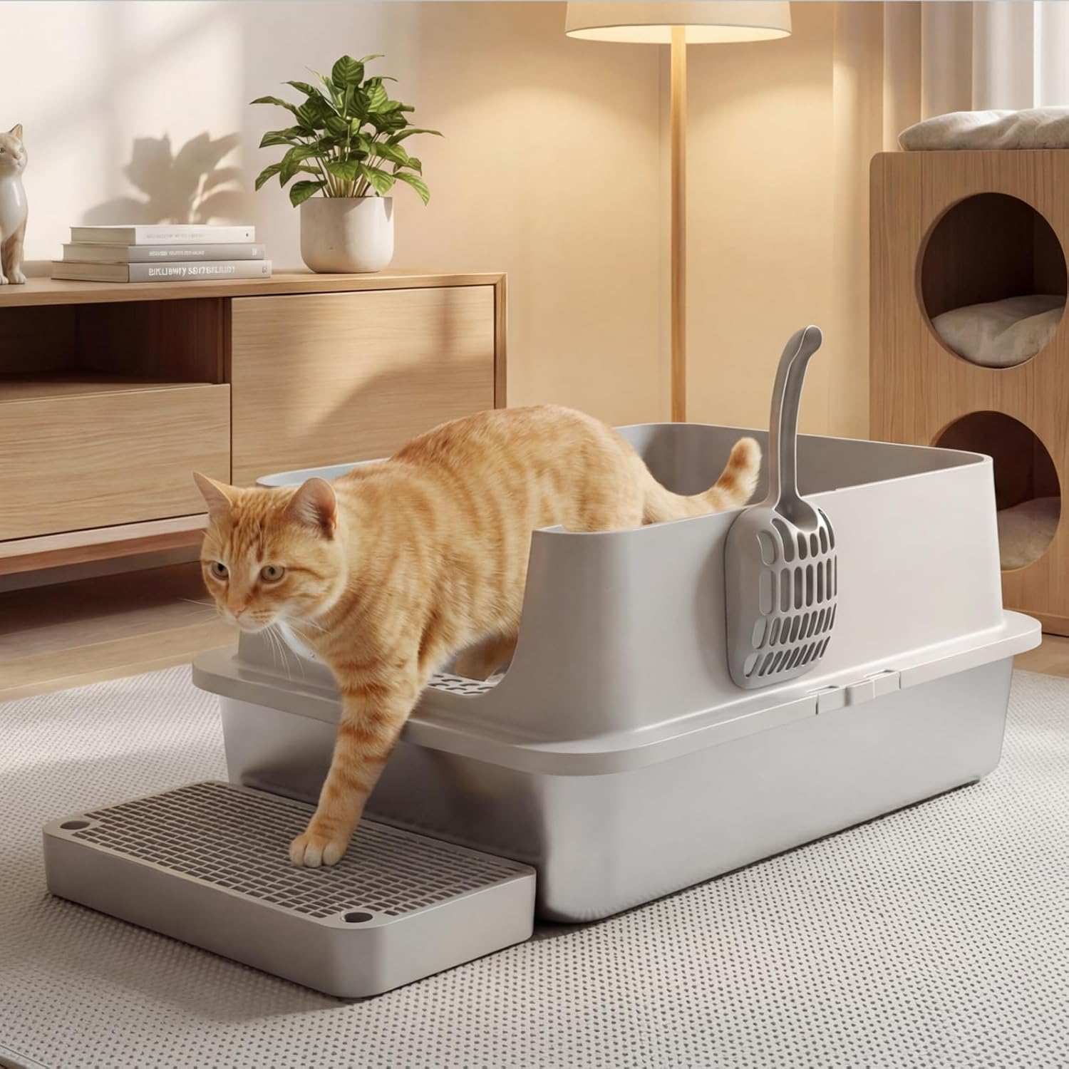 Pawz - XL Stainless Steel Cat Litter Box with Lid, Anti-Leakage Hooded Metal Litter Pan (Grey) at Pet Servo