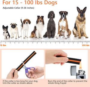 Dog collar with size chart for dogs weighing 15-100 lbs, showing how to adjust and use the collar at Pet Servo
