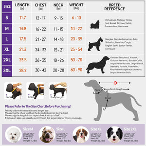 Dog coat size chart with measurements and breed reference at Pet Servo