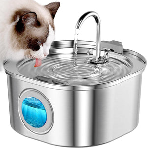 Cat drinking water from a stainless steel pet fountain on a white background at Pet Servo