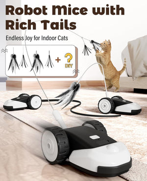 Robot mice with rich tails designed for indoor cats, showing a cat interacting with one of them at Pet Servo