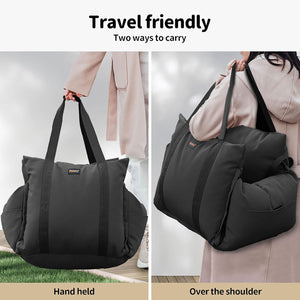 A black reusable travel tote bag shown in two carrying styles: handheld on the left and over the shoulder on the right. The image includes the text 'Travel friendly' and 'Two ways to carry' at the top, with 'Handheld' and 'Over the shoulder' labels at the bottom at Pet Servo
