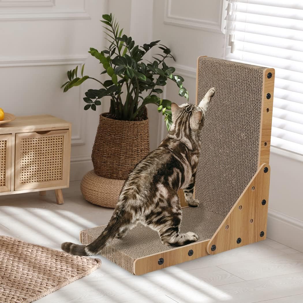 A cat stands on a wooden scratching wall perch in a bright room with white walls, window blinds, a potted plant, and a small cabinet at Pet Servo