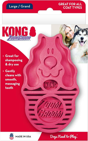 Pink KONG ZoomGroom dog grooming tool on a red and white packaging background at Pet Servo