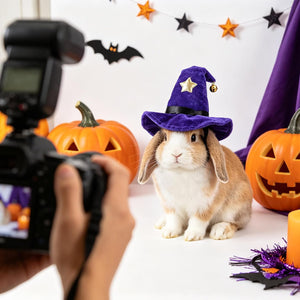 A small white and tan rabbit wearing a purple witch hat with a gold star is posed on a white surface, surrounded by Halloween decorations including carved pumpkins, a black bat cutout, orange and black star garland, and a purple fabric backdrop. A person holding a camera is visible in the foreground, taking the photo at Pet Servo
