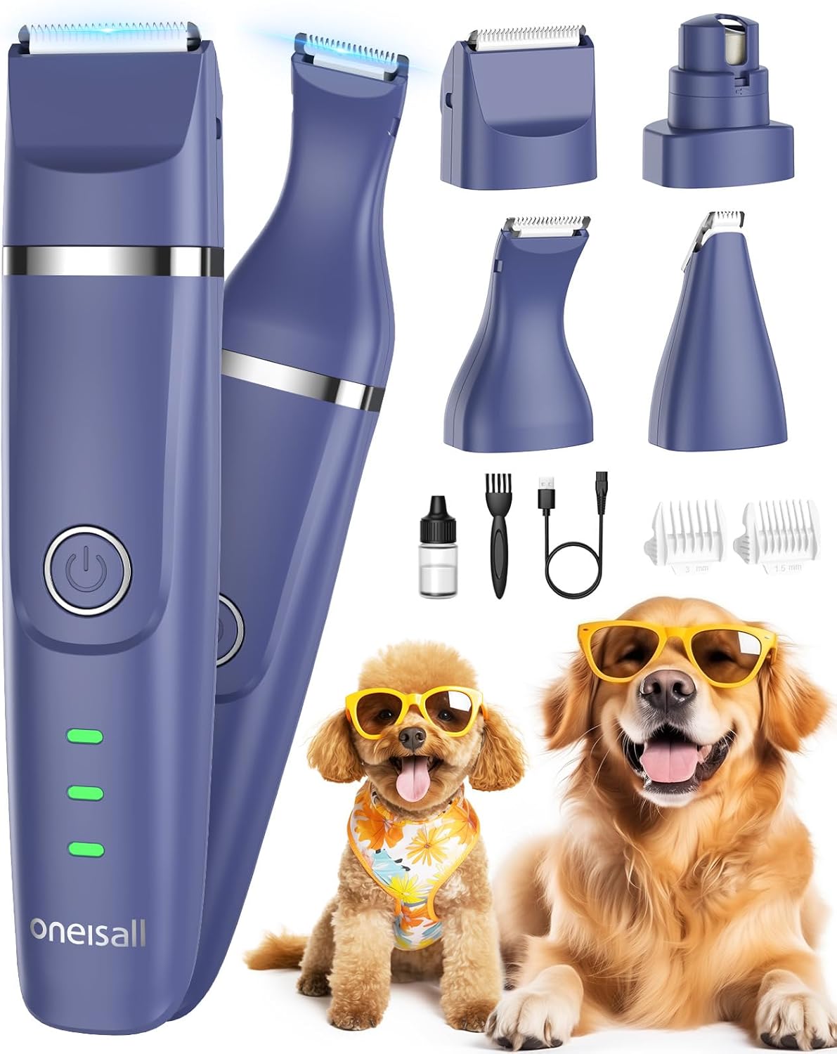 oneisall - 4 in 1 Dog Clippers, Quiet Cordless Dog Paw Trimmer & Nail Grinder