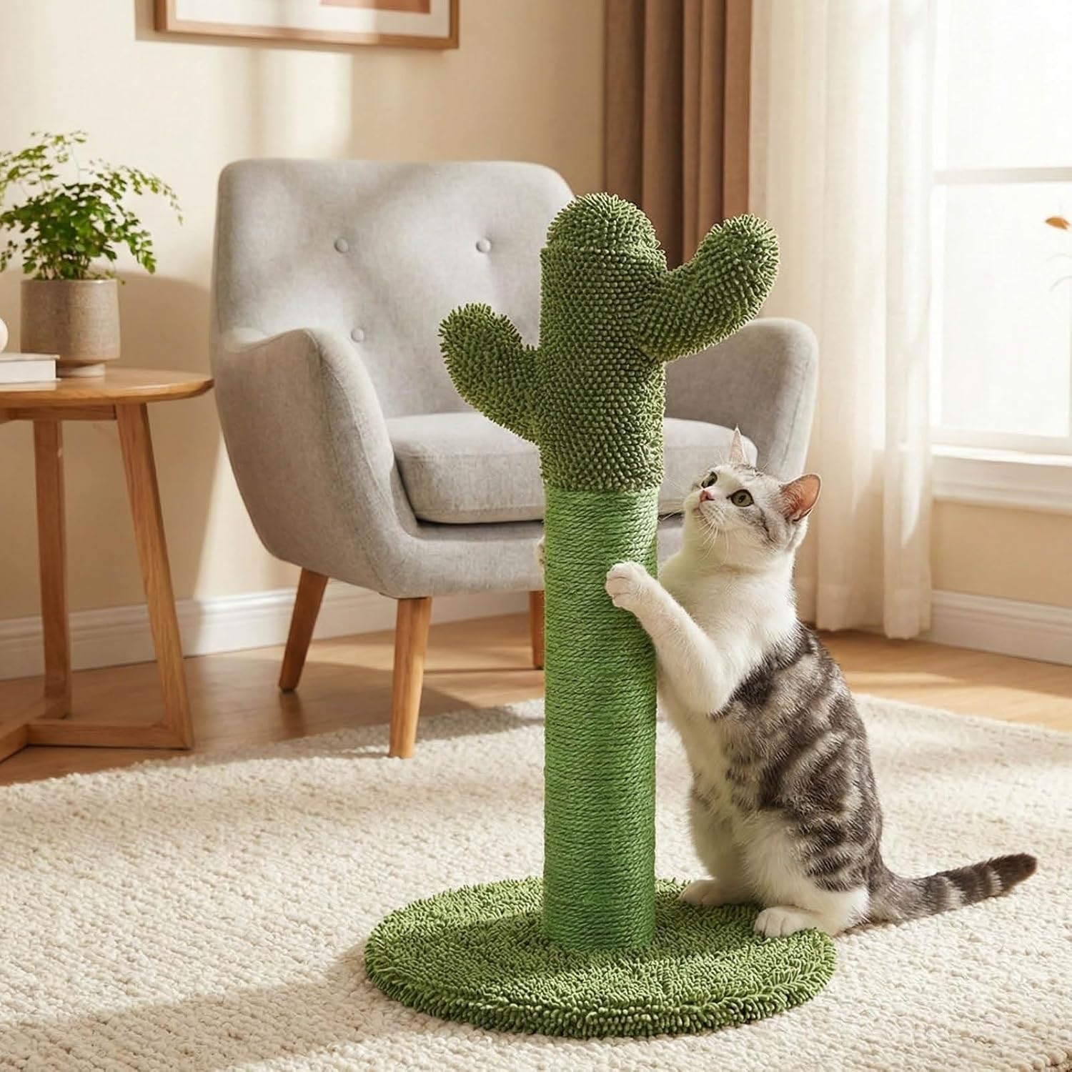 Cat playing with a green cactus-shaped cat tree in a living room at Pet Servo