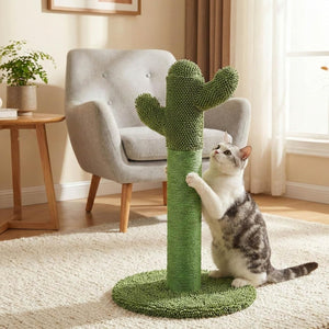 Cat playing with a green cactus-shaped cat tree in a living room at Pet Servo