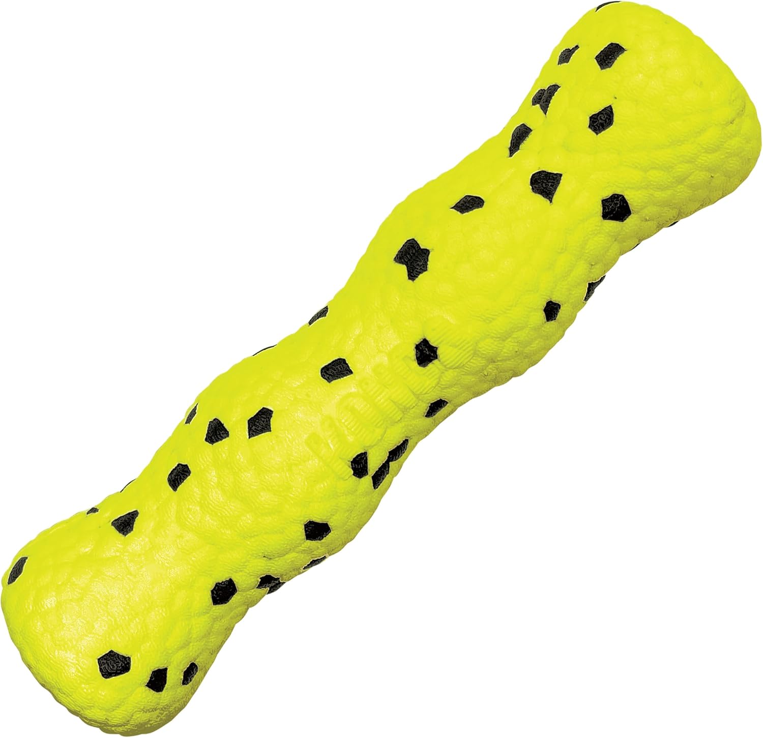 A textured, bone-shaped dog toy in bright neon yellow with black rubber spots, shown on a plain white background at Pet Servo