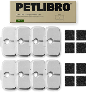 PETLIBRO dockstream replacement filter packaging with multiple filters and black pads on a white background