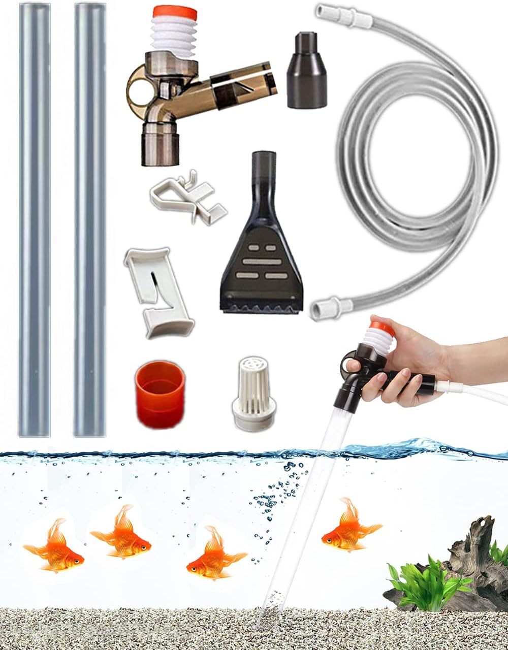 Aquarium cleaning tools including a faucet, hose, and brush on a white background at Pet Servo