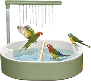 Pet playpen with water feature and birds interacting, on a white background at Pet Servo