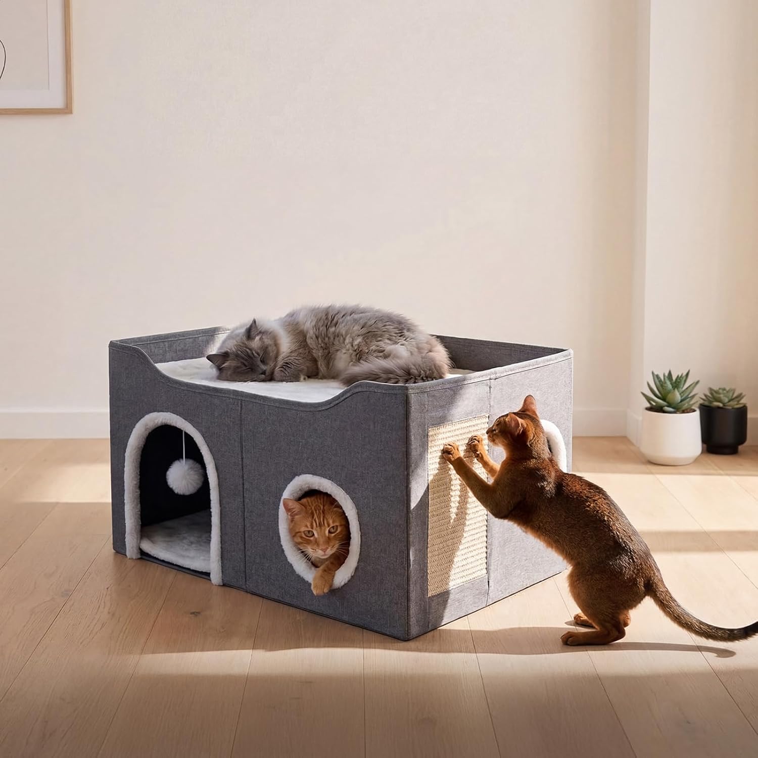 Pawz Large Enclosed Bed with Scratch Pad House for Indoor Cats, Grey at Pet Servo