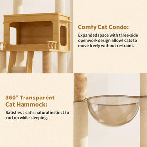 Cat condo and hammock with text describing features at Pet Servo
