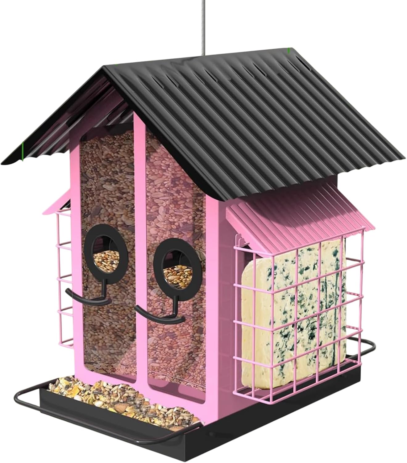 Pink bird feeder with black roof and various compartments on a white background at Pet Servo